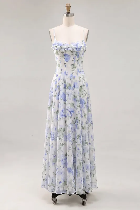 A-Line Blue Flower Chiffon Spaghetti Straps Backless Maxi Dress with Ruffles made by Zapaka