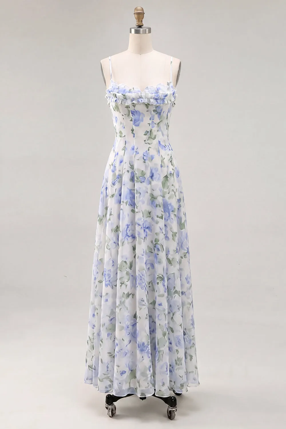 A-Line Blue Flower Chiffon Spaghetti Straps Backless Maxi Dress with Ruffles sold by Zapaka