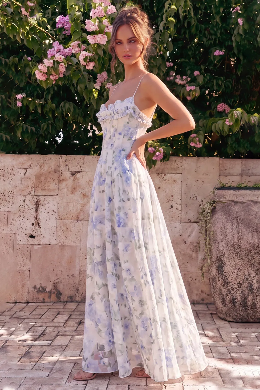 A-Line Blue Flower Chiffon Spaghetti Straps Backless Maxi Dress with Ruffles sold by Zapaka product image thumbnail 5