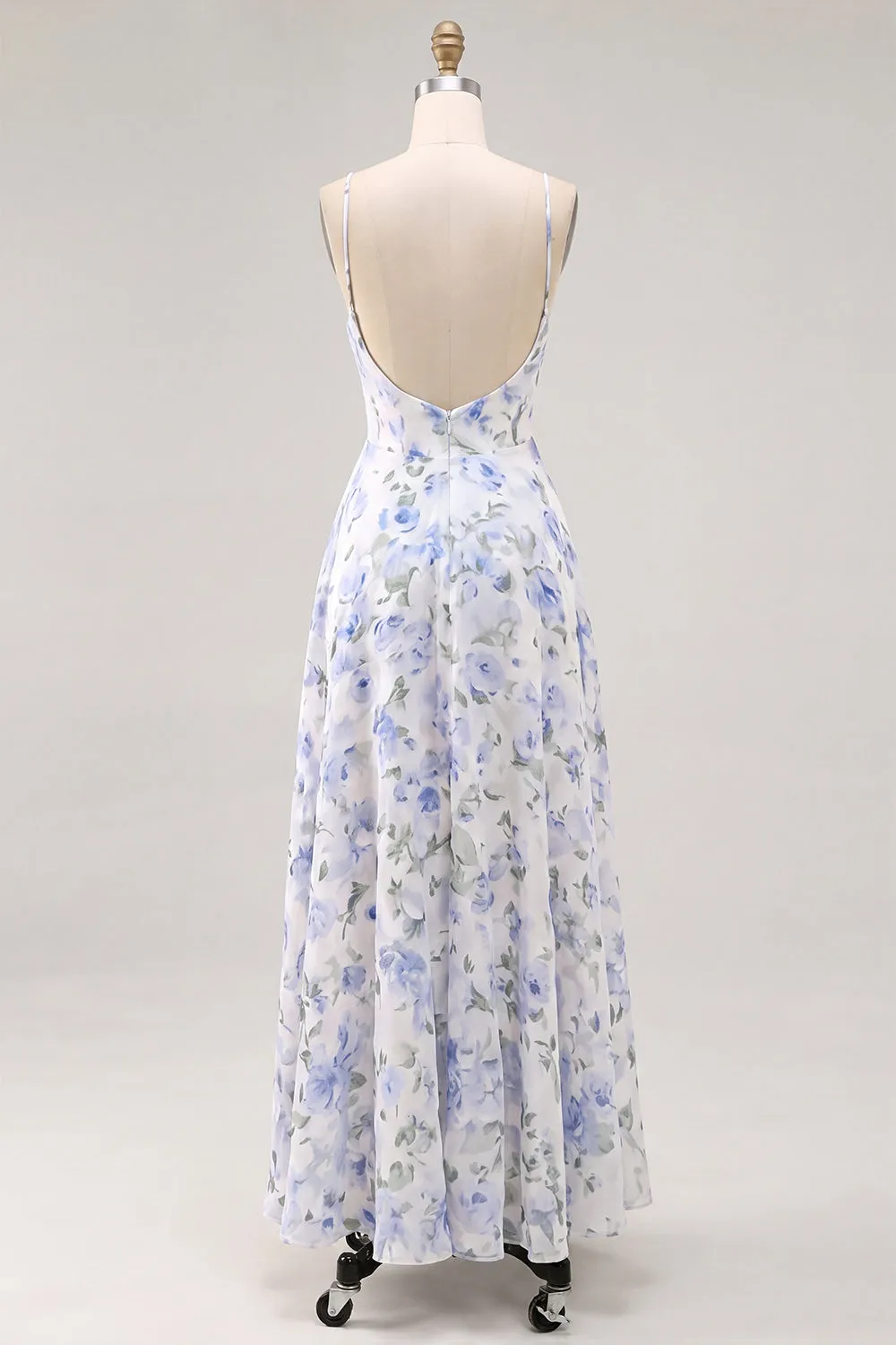 A-Line Blue Flower Chiffon Spaghetti Straps Backless Maxi Dress with Ruffles sold by Zapaka product image thumbnail 2