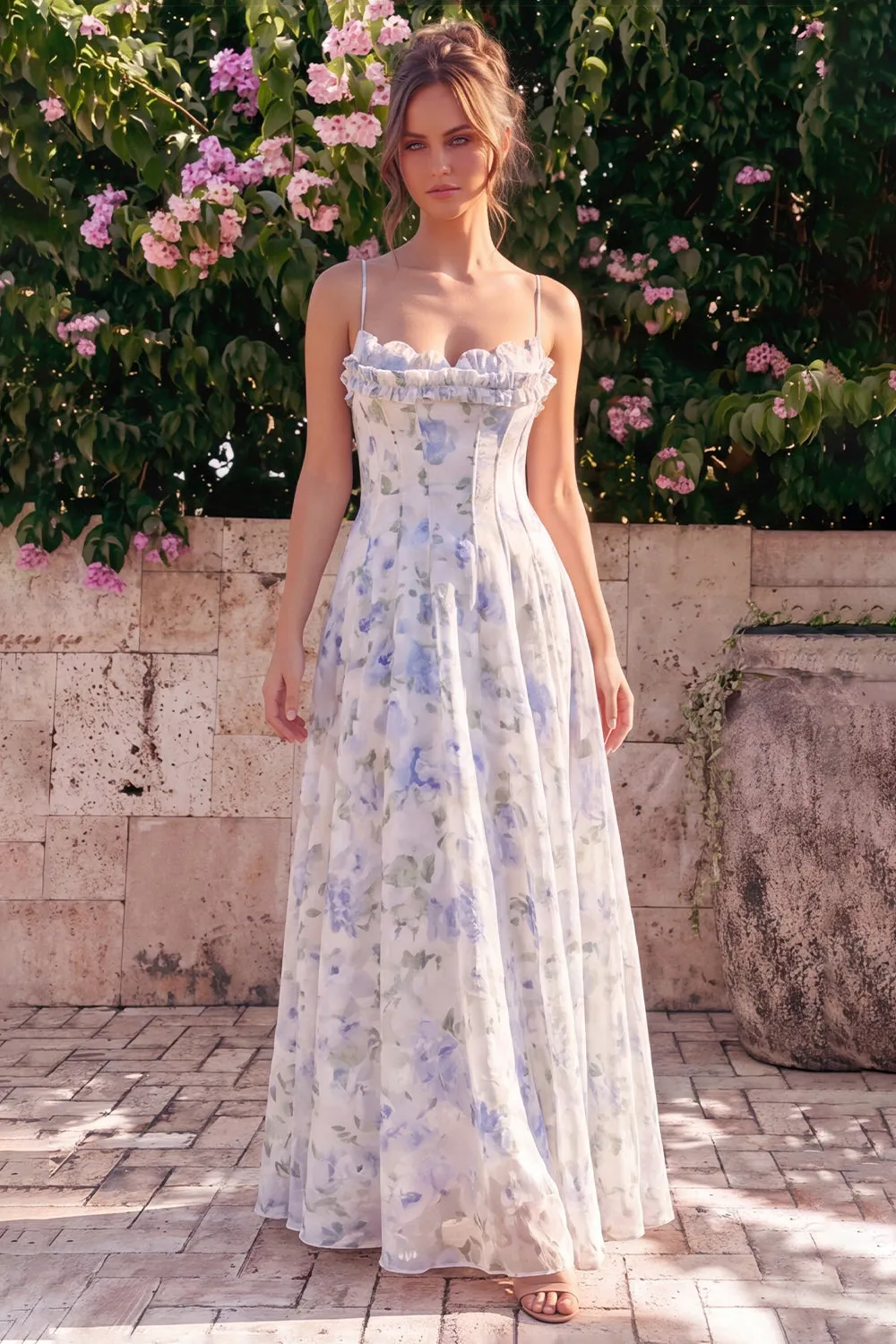A-Line Blue Flower Chiffon Spaghetti Straps Backless Maxi Dress with Ruffles sold by Zapaka product image thumbnail 3