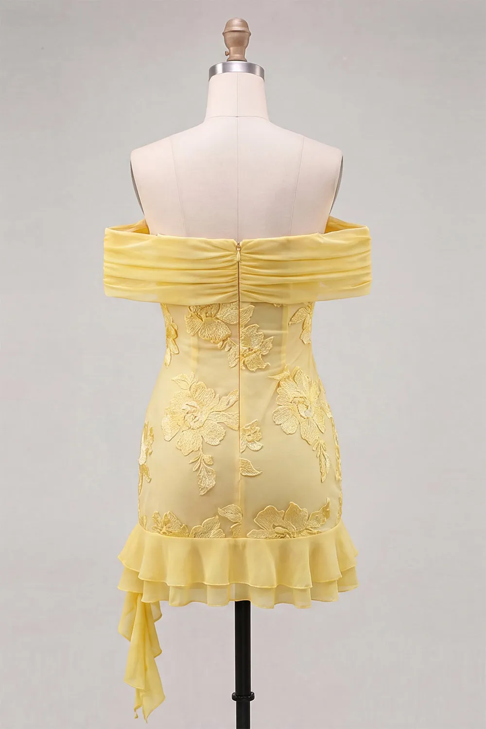Off the Shoulder Yellow Floral Embroidery Tight Homecoming Dress with Ruffles sold by Zapaka product image thumbnail 2