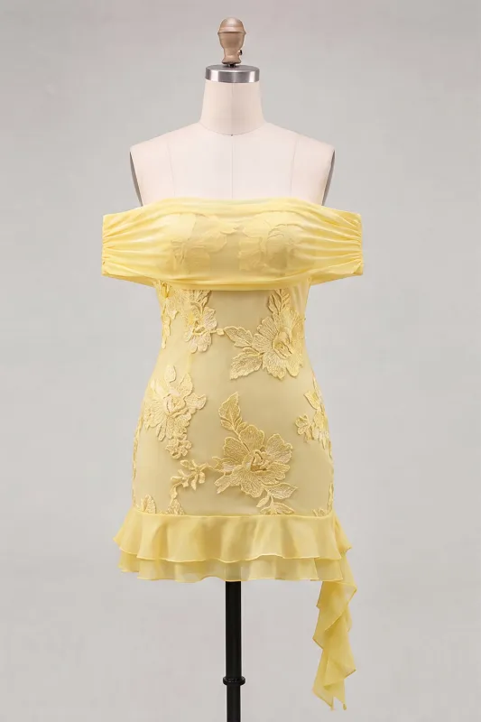 Off the Shoulder Yellow Floral Embroidery Tight Homecoming Dress with Ruffles made by Zapaka