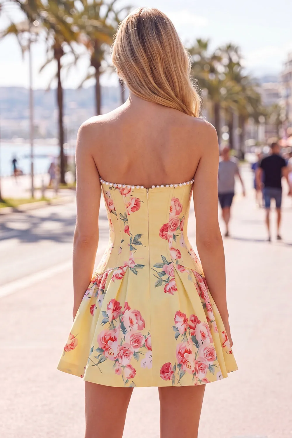 Strapless Yellow Pearl A-Line Corset Floral Homecoming Dress sold by Zapaka product image thumbnail 4