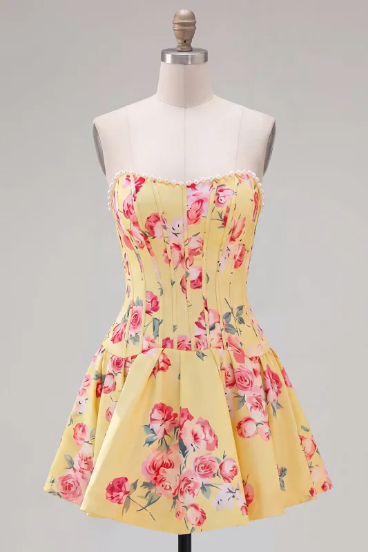 Strapless Yellow Pearl A-Line Corset Floral Homecoming Dress made by Zapaka