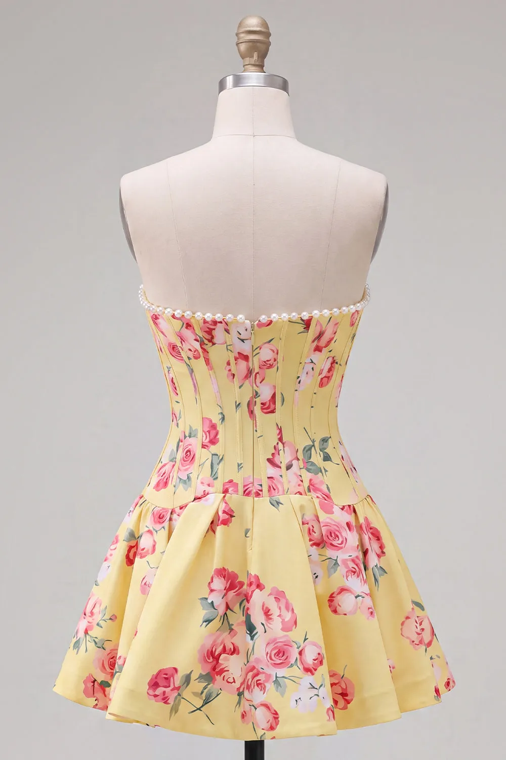 Strapless Yellow Pearl A-Line Corset Floral Homecoming Dress sold by Zapaka product image thumbnail 2