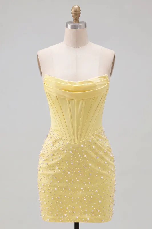 Strapless Yellow Corset Pearl Bodycon Homecoming Dress made by Zapaka