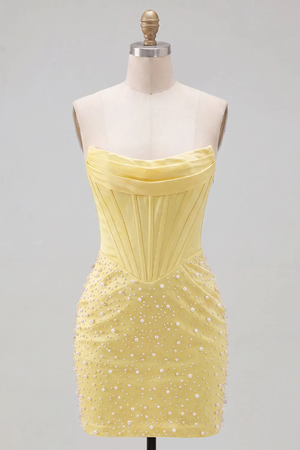 Strapless Yellow Corset Pearl Bodycon Homecoming Dress sold by Zapaka