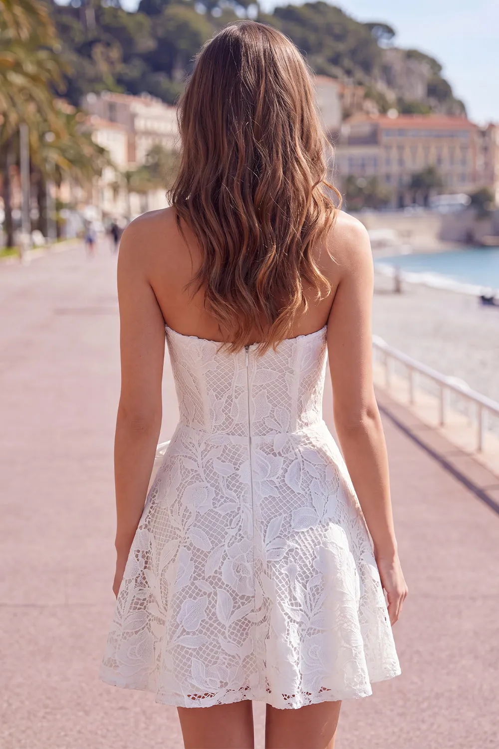 Strapless White A-Line Floral Pearl Lace Short Homecoming Dress with Bow sold by Zapaka product image thumbnail 4