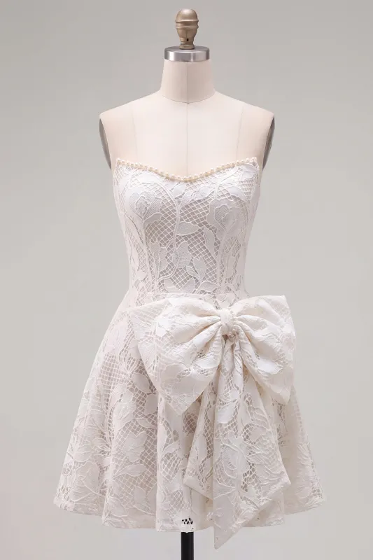 Strapless White A-Line Floral Pearl Lace Short Homecoming Dress with Bow made by Zapaka