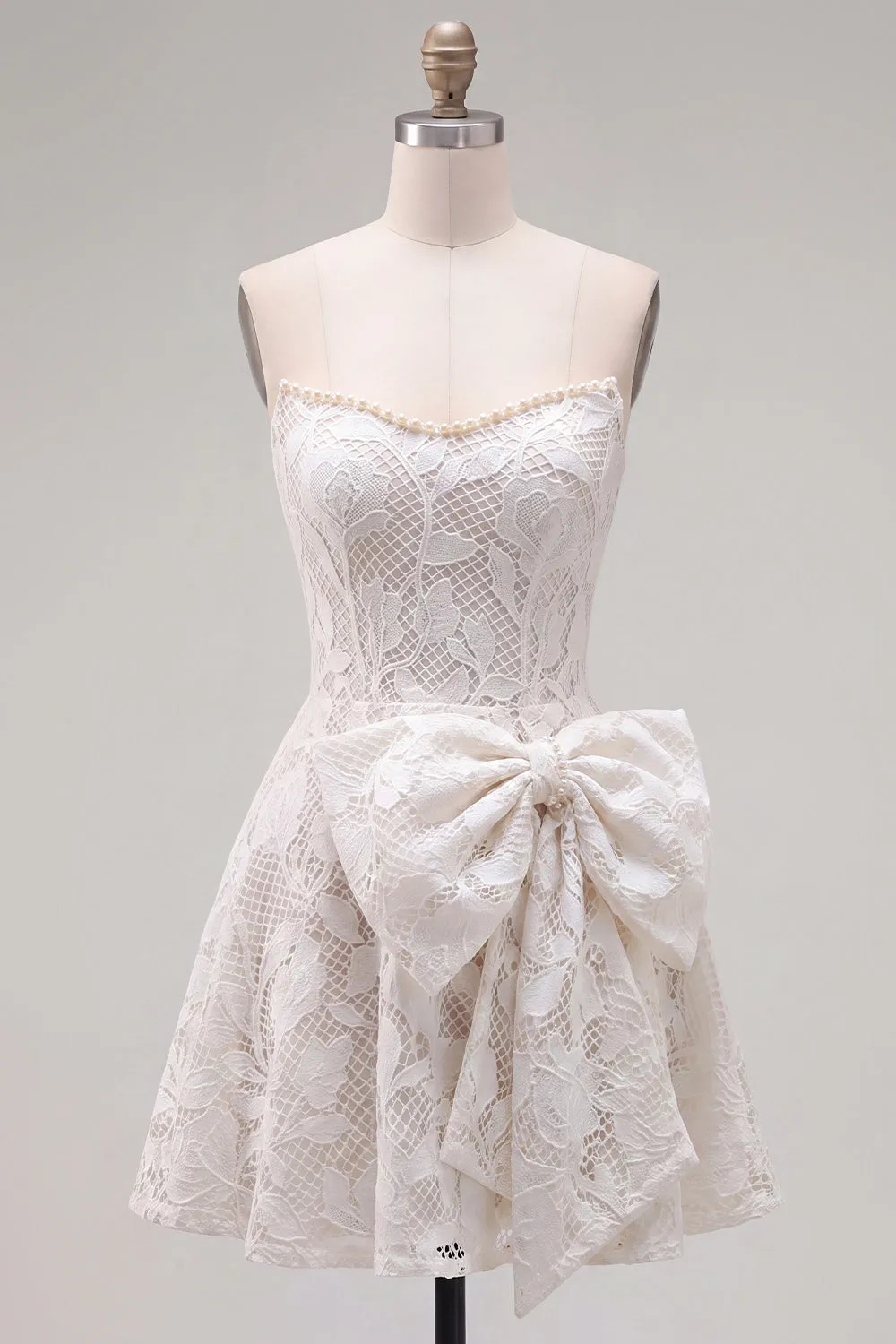 Strapless White A-Line Floral Pearl Lace Short Homecoming Dress with Bow sold by Zapaka