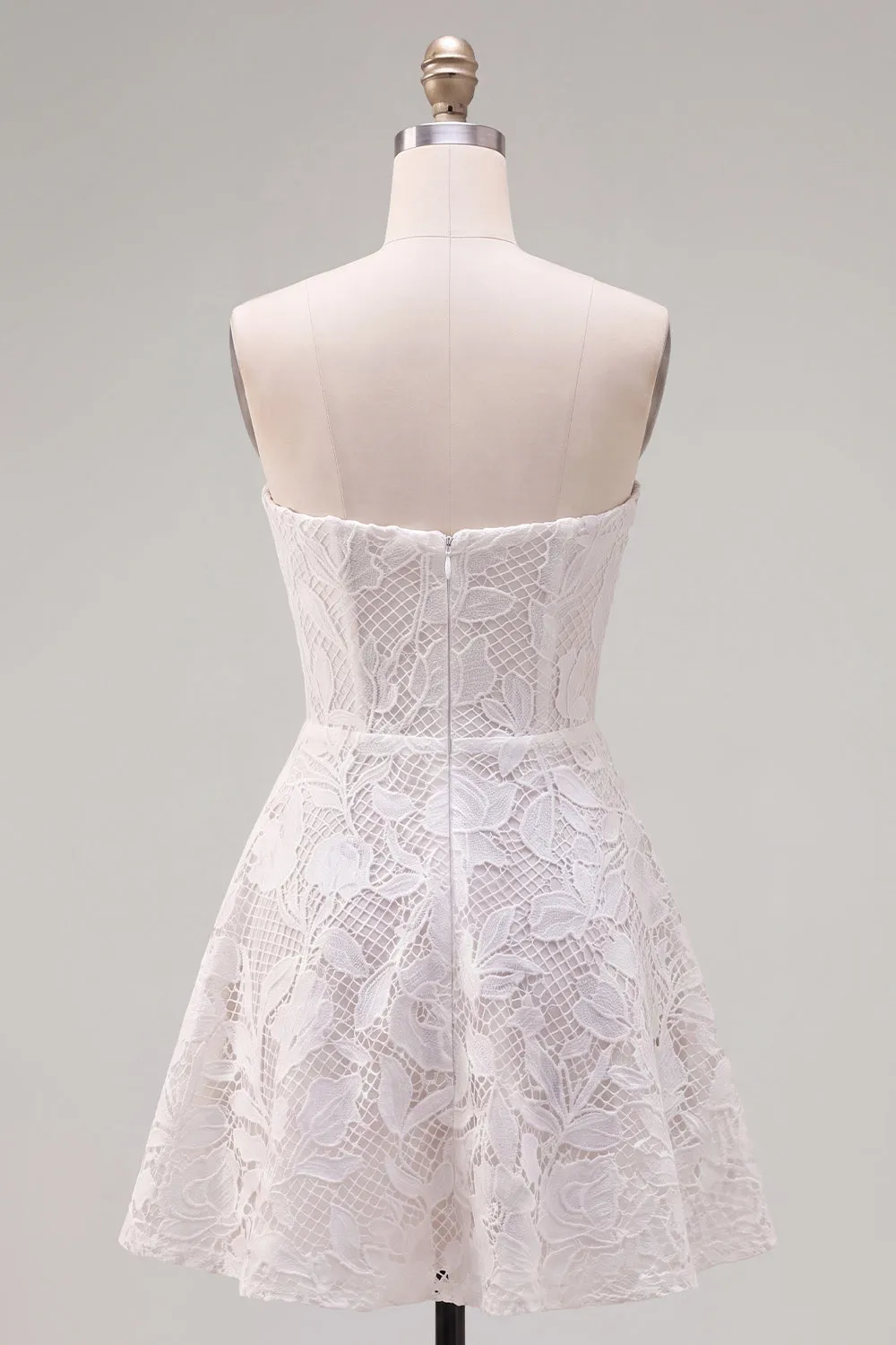 Strapless White A-Line Floral Pearl Lace Short Homecoming Dress with Bow sold by Zapaka product image thumbnail 2