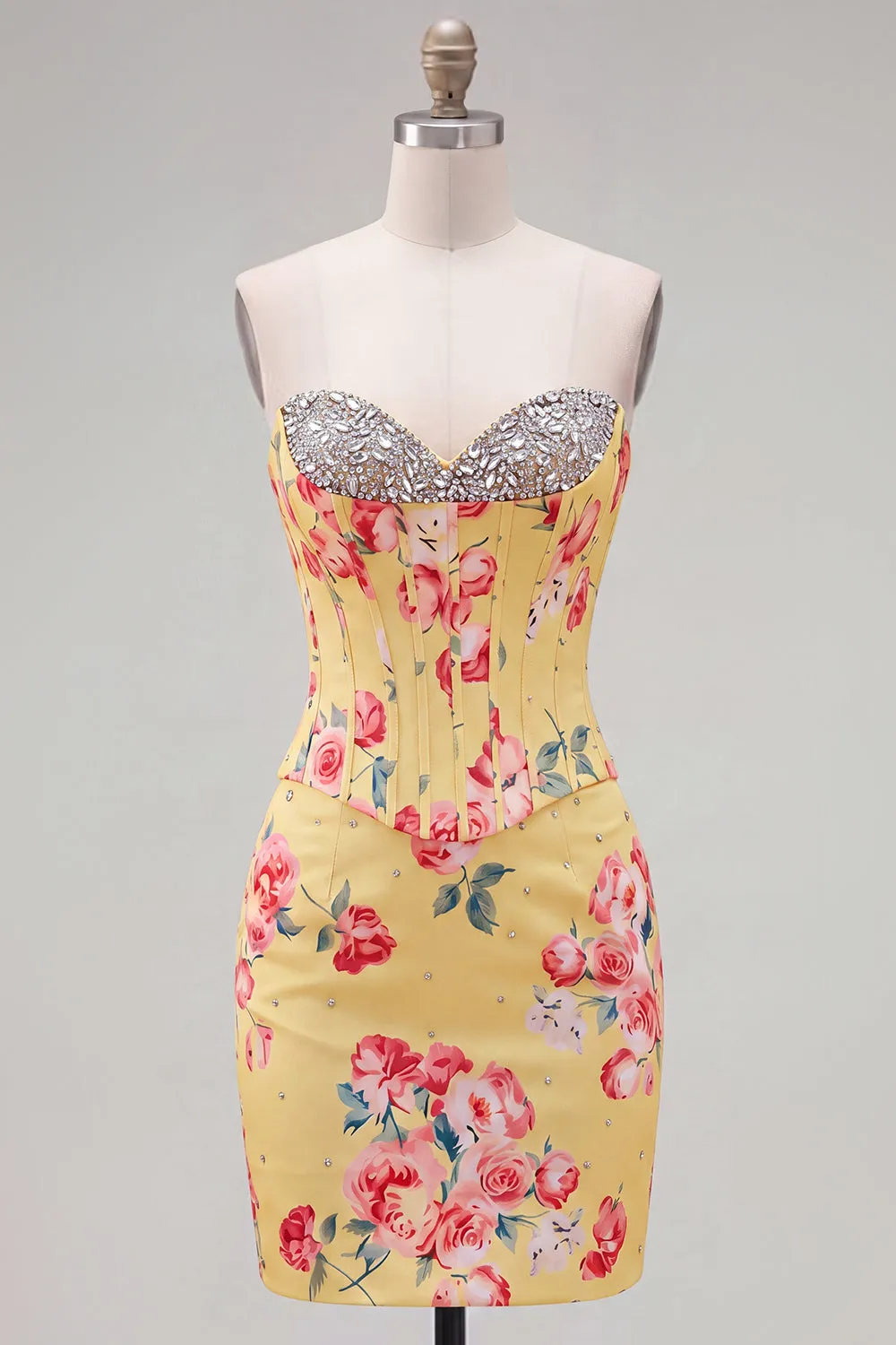 Sweetheart Yellow Corset Beaded Floral Tight Homecoming Dress sold by Zapaka