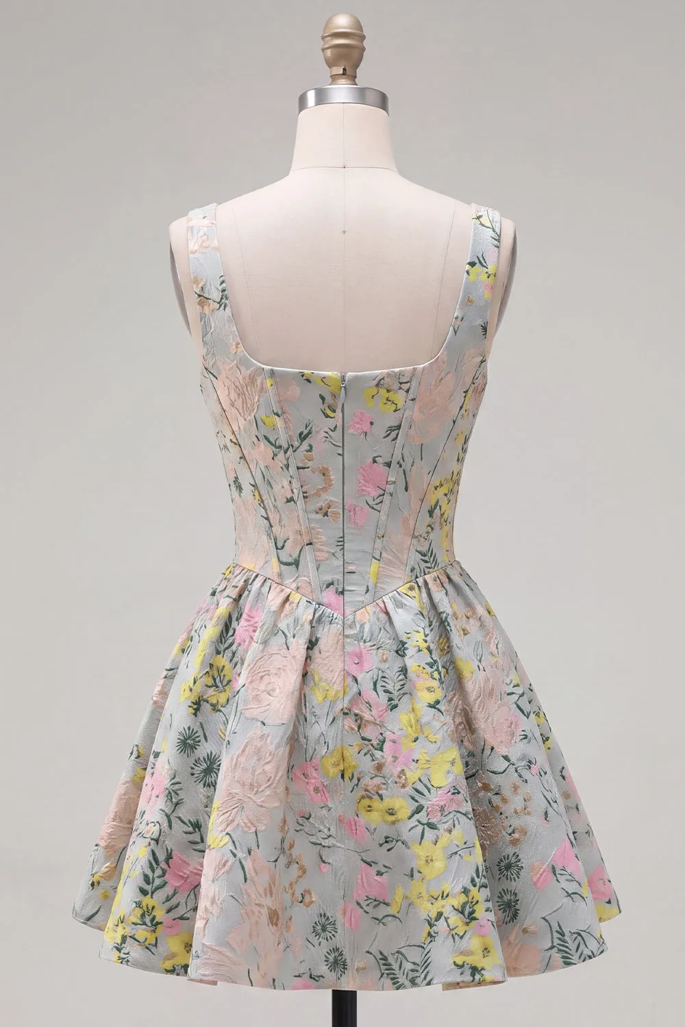 Grey Square Neck A-Line Floral Corset Jacquard Homecoming Dress sold by Zapaka product image thumbnail 2
