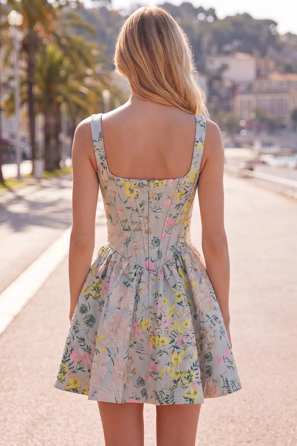 Grey Square Neck A-Line Floral Corset Jacquard Homecoming Dress sold by Zapaka product image thumbnail 4