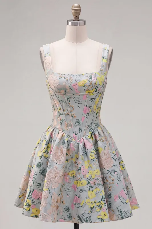 Grey Square Neck A-Line Floral Corset Jacquard Homecoming Dress made by Zapaka