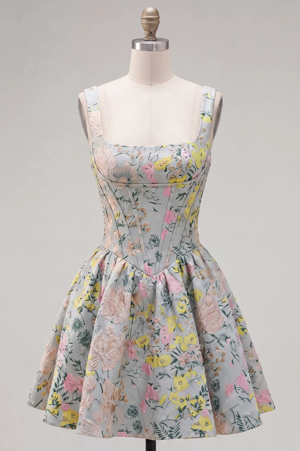 Grey Square Neck A-Line Floral Corset Jacquard Homecoming Dress sold by Zapaka