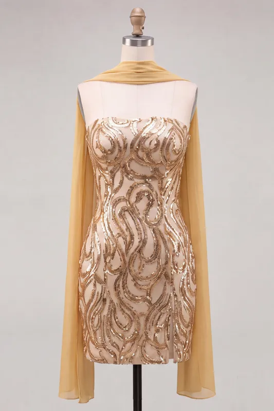 Gold Strapless Sequins Bodycon Short Homecoming Dress with Slit made by Zapaka