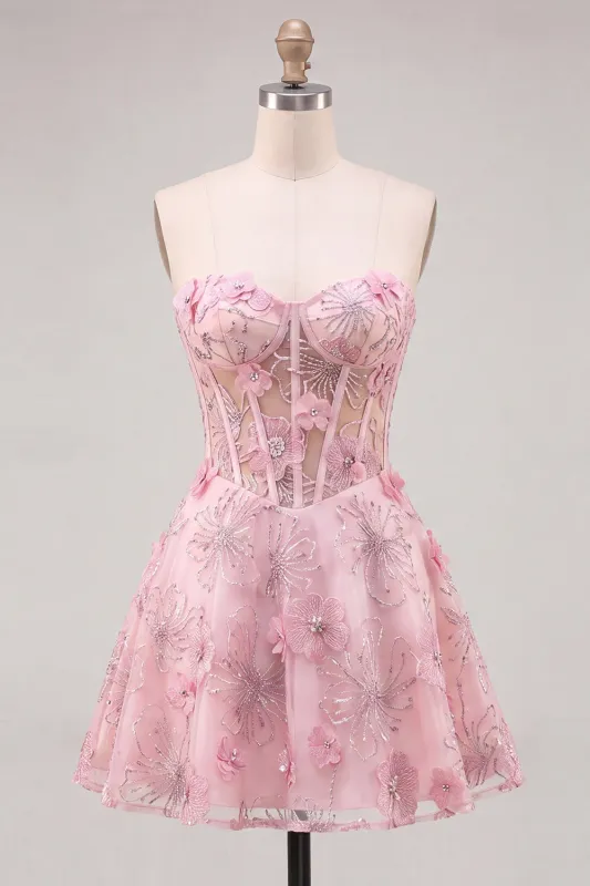 Pink Sheer Corset Floral A-Line Sweetheart Lace Up Back Homecoming Dress with Beading made by Zapaka