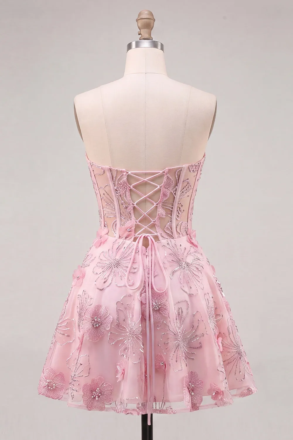 Pink Sheer Corset Floral A-Line Sweetheart Lace Up Back Homecoming Dress with Beading sold by Zapaka product image thumbnail 2