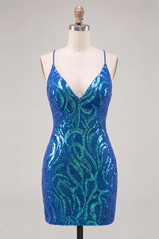 Dark Blue Sequins Bodycon Spaghetti Straps Homecoming Dress with Lace Up Back made by Zapaka