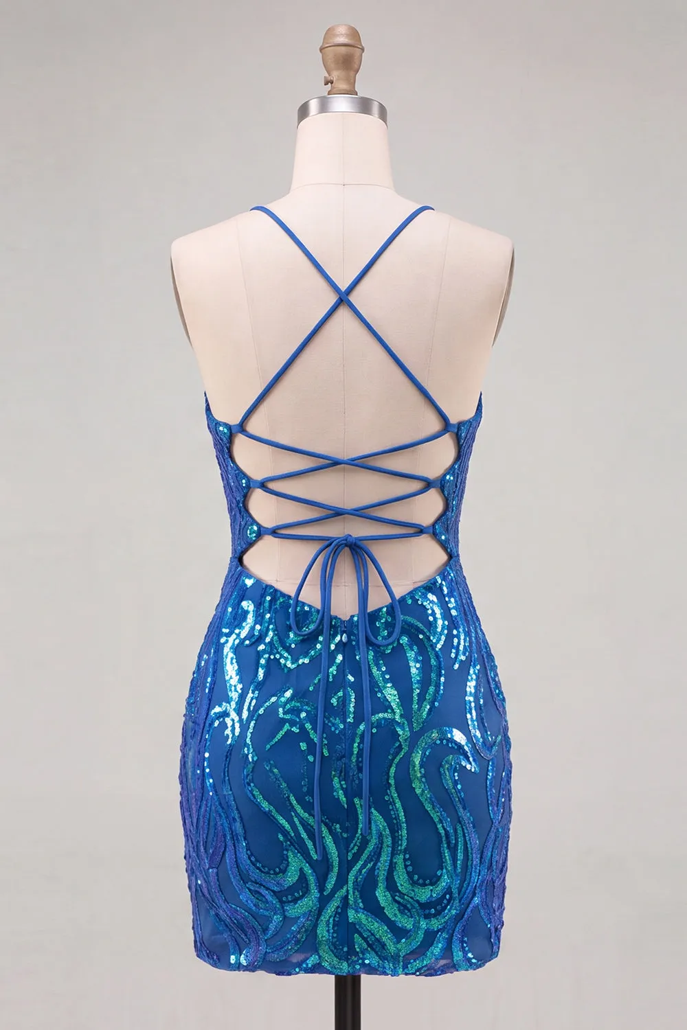 Dark Blue Sequins Bodycon Spaghetti Straps Homecoming Dress with Lace Up Back sold by Zapaka product image thumbnail 2
