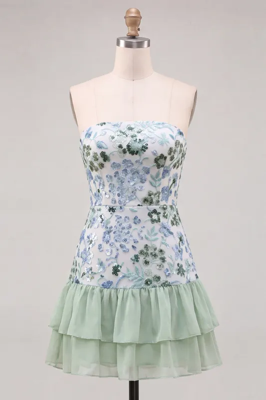 Light Green Strapless A-Line Tiered Sequins Ruffle Short Homecoming Dress made by Zapaka