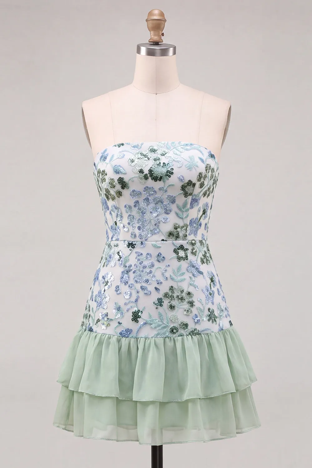 Light Green Strapless A-Line Tiered Sequins Ruffle Short Homecoming Dress sold by Zapaka