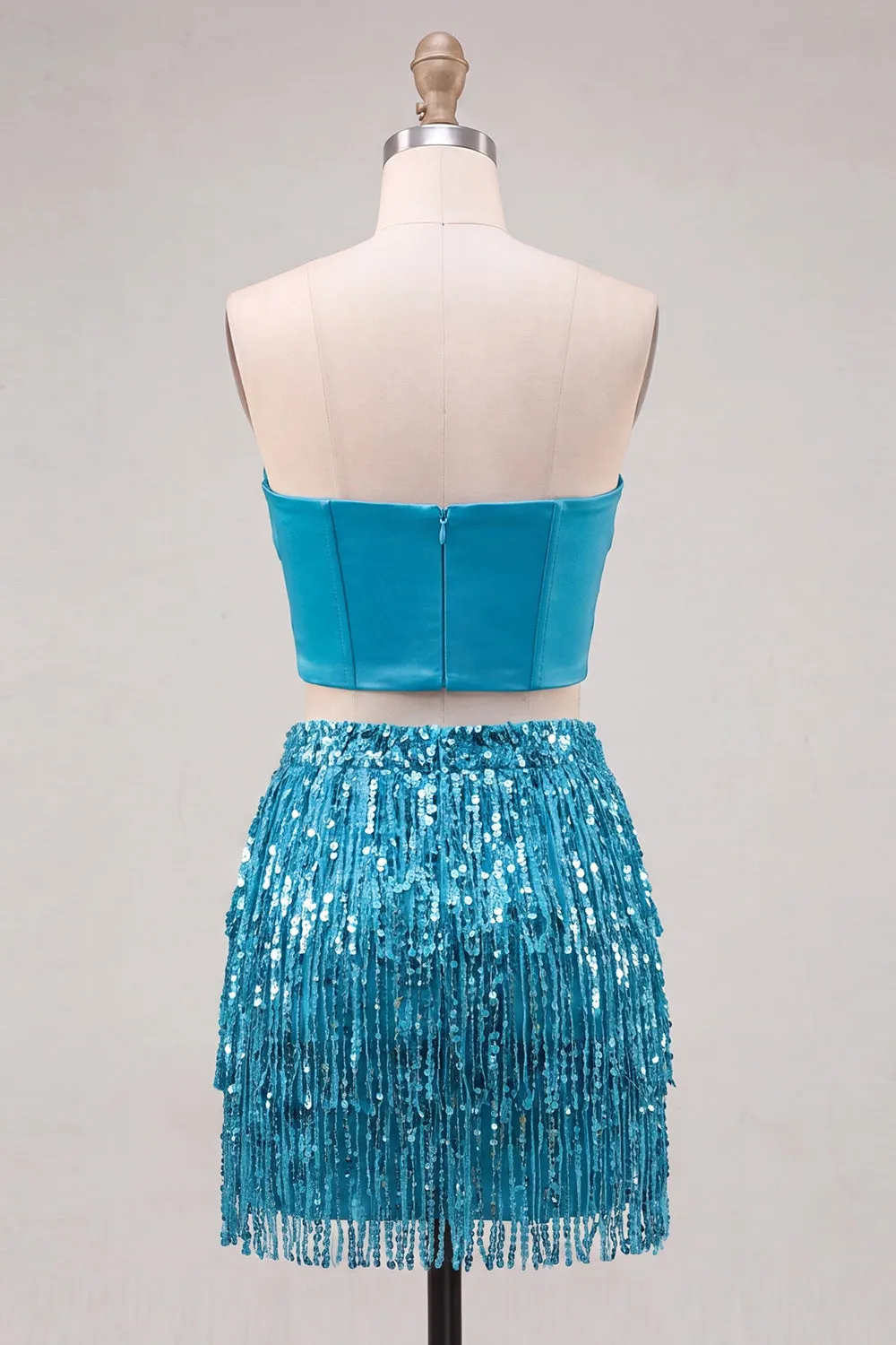 Blue Strapless Bodycon 2 Piece Sequins Corset Homecoming Dress with Fringes sold by Zapaka product image thumbnail 2