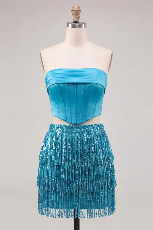 Blue Strapless Bodycon 2 Piece Sequins Corset Homecoming Dress with Fringes made by Zapaka
