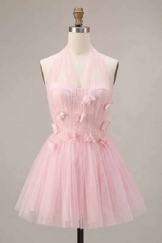 Pink A-Line Tulle Corset Homecoming Dress with 3D Flowers made by Zapaka