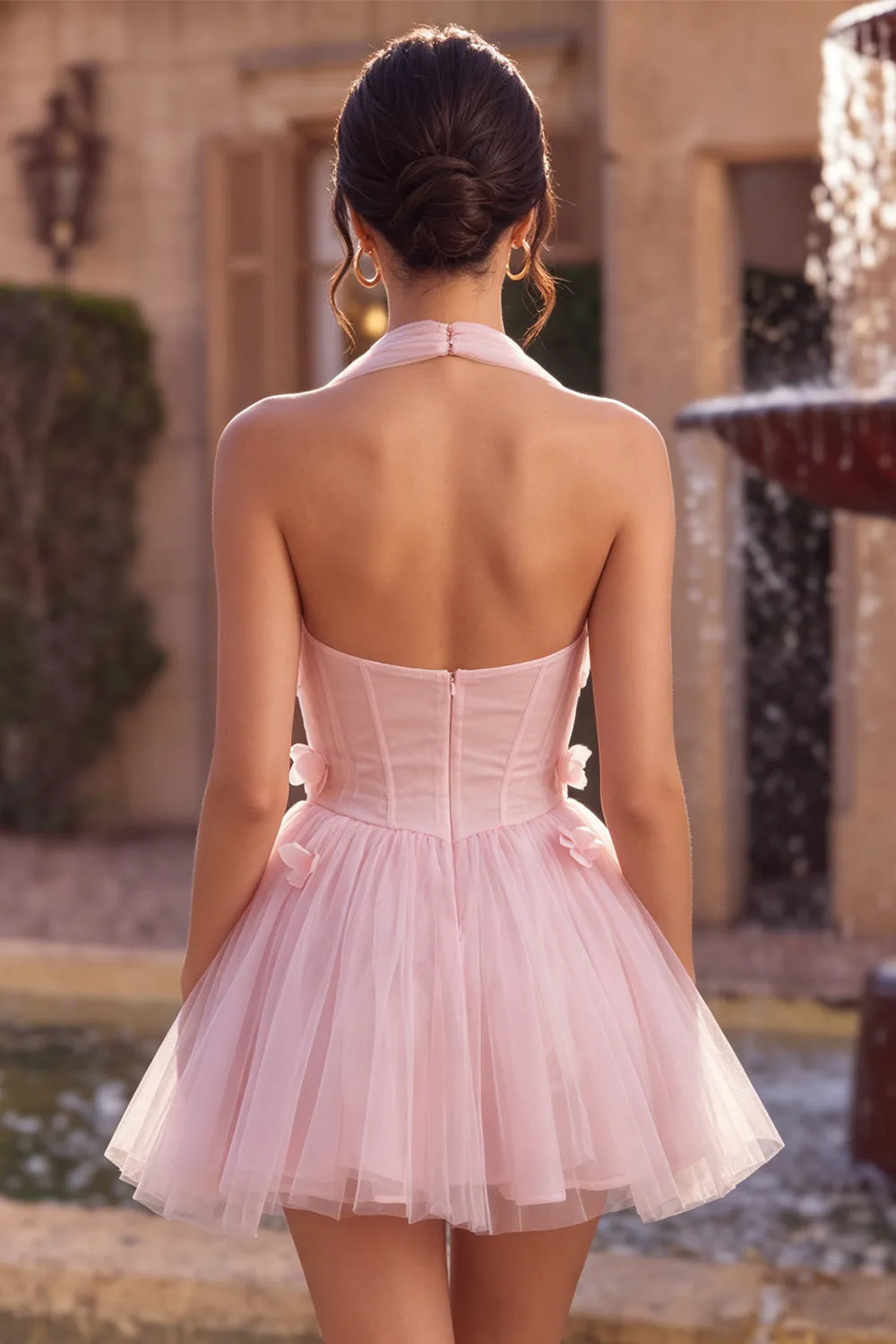 Pink A-Line Tulle Corset Homecoming Dress with 3D Flowers sold by Zapaka product image thumbnail 4