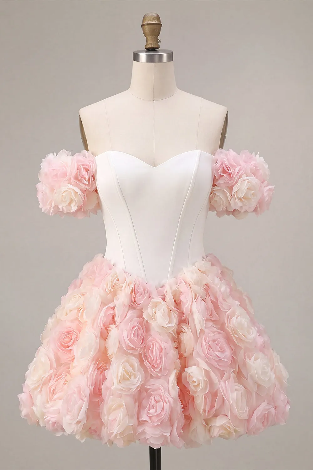 White and Pink A-Line Off the Shoulder Corset Floral Homecoming Dress sold by Zapaka