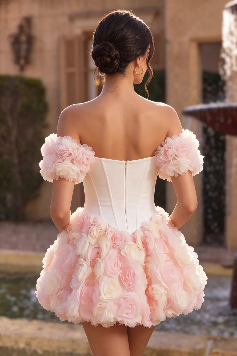 White and Pink A-Line Off the Shoulder Corset Floral Homecoming Dress sold by Zapaka product image thumbnail 4