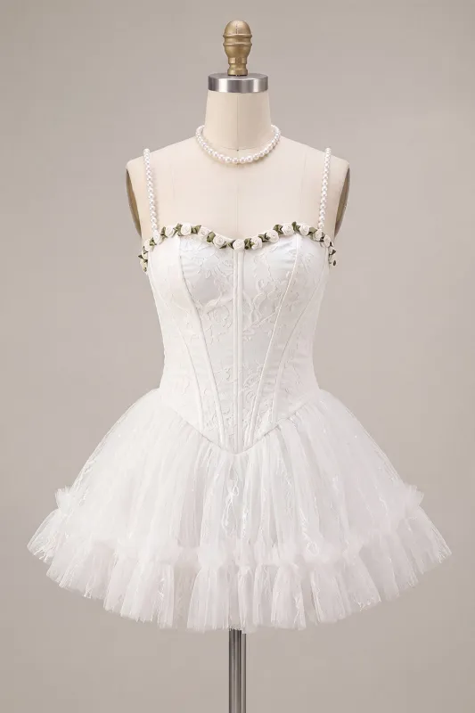 Lace Sweetheart White A-Line Corset Short Homecoming Dress with Ruffles made by Zapaka