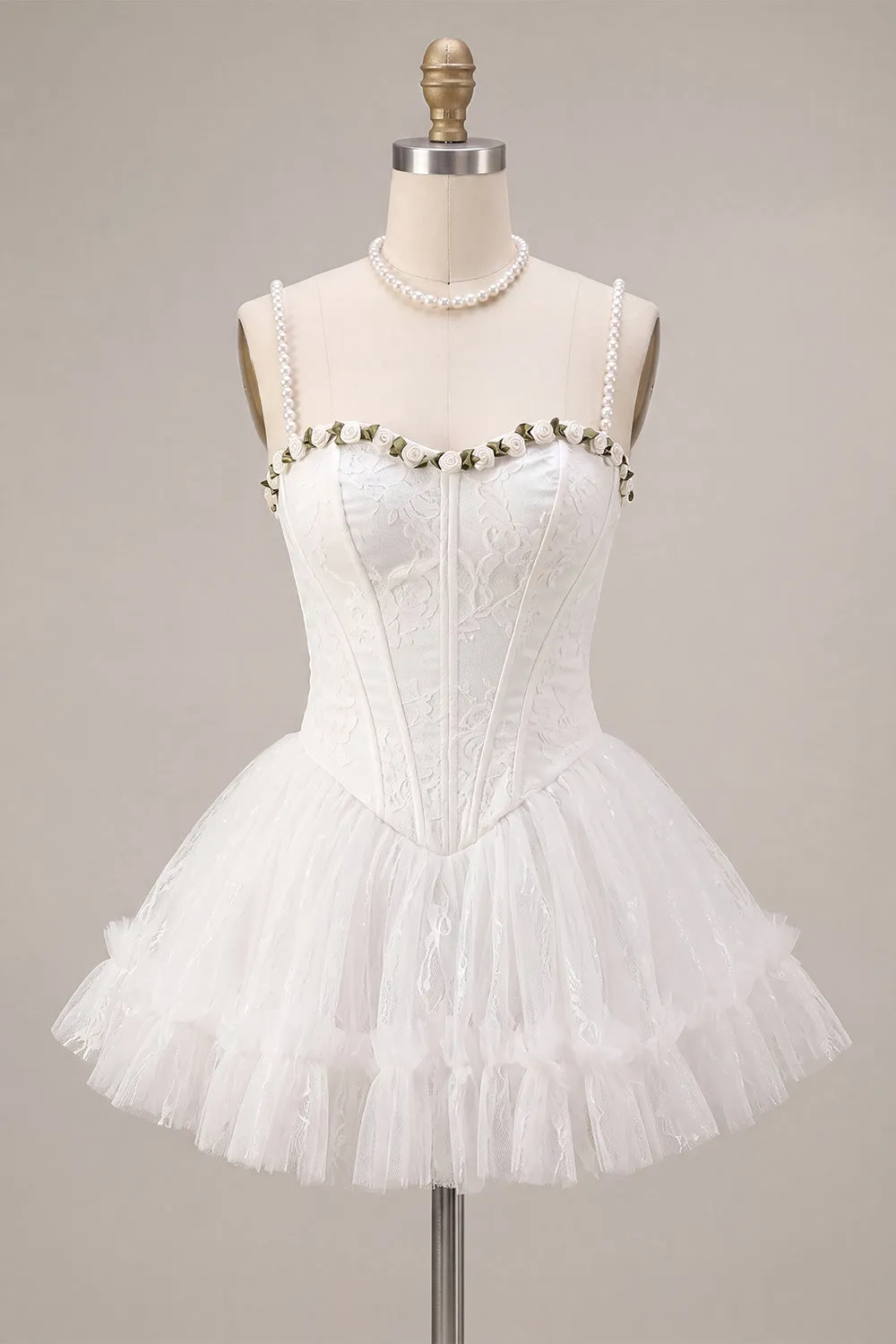 Lace Sweetheart White A-Line Corset Short Homecoming Dress with Ruffles sold by Zapaka