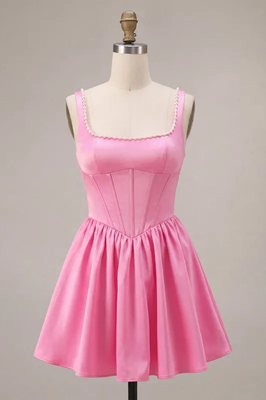 Pink A-Line Corset Square Neck Satin Pearl Short Homecoming Dress made by Zapaka