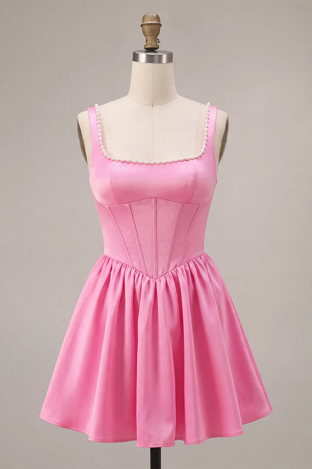 Pink A-Line Corset Square Neck Satin Pearl Short Homecoming Dress sold by Zapaka