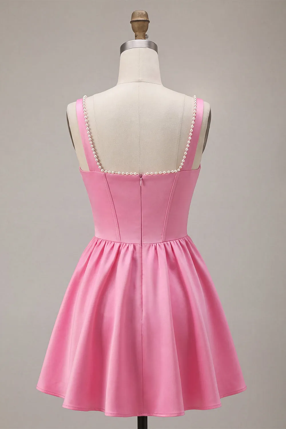 Pink A-Line Corset Square Neck Satin Pearl Short Homecoming Dress sold by Zapaka product image thumbnail 2