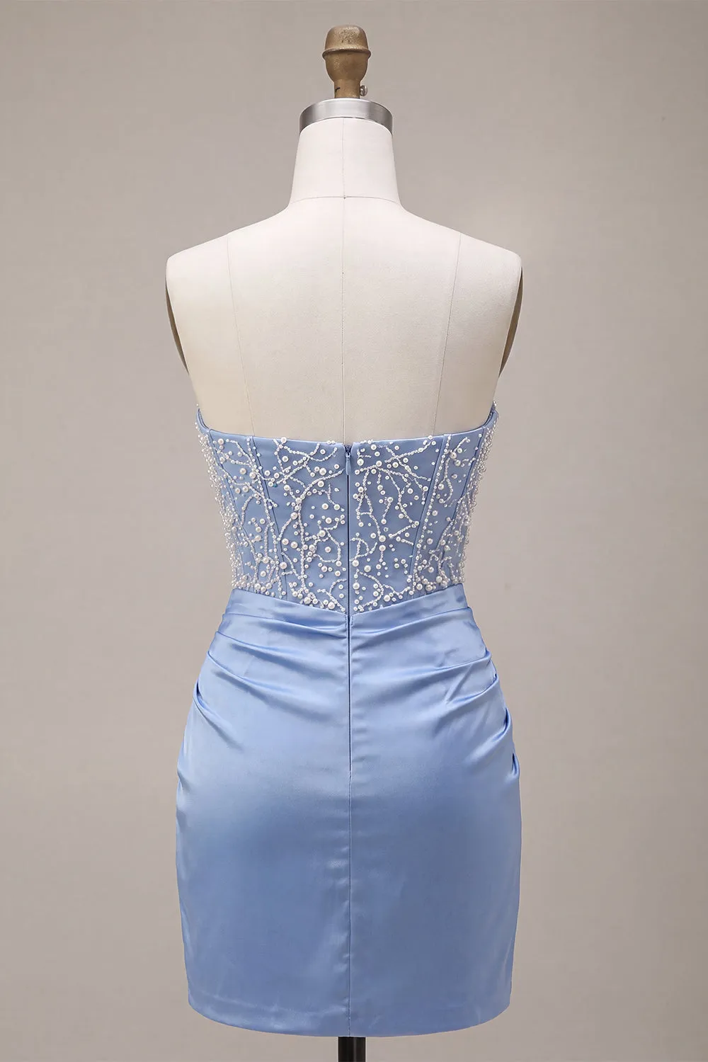 Sky Blue Strapless Satin Ruched Pearl Short Homecoming Dress sold by Zapaka product image thumbnail 2