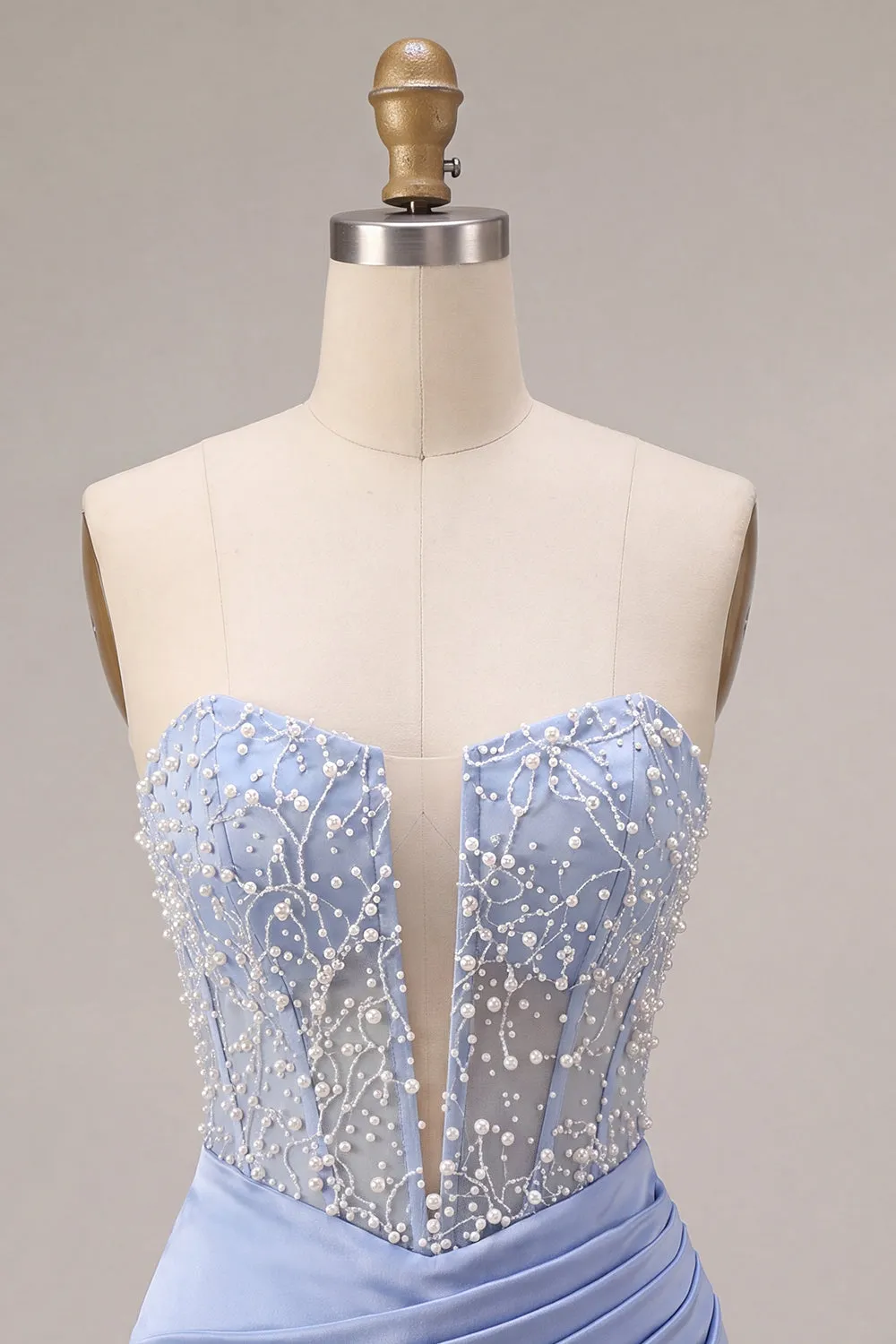 Sky Blue Strapless Satin Ruched Pearl Short Homecoming Dress sold by Zapaka product image thumbnail 5