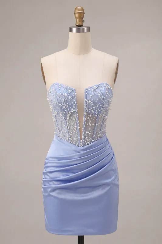 Sky Blue Strapless Satin Ruched Pearl Short Homecoming Dress made by Zapaka