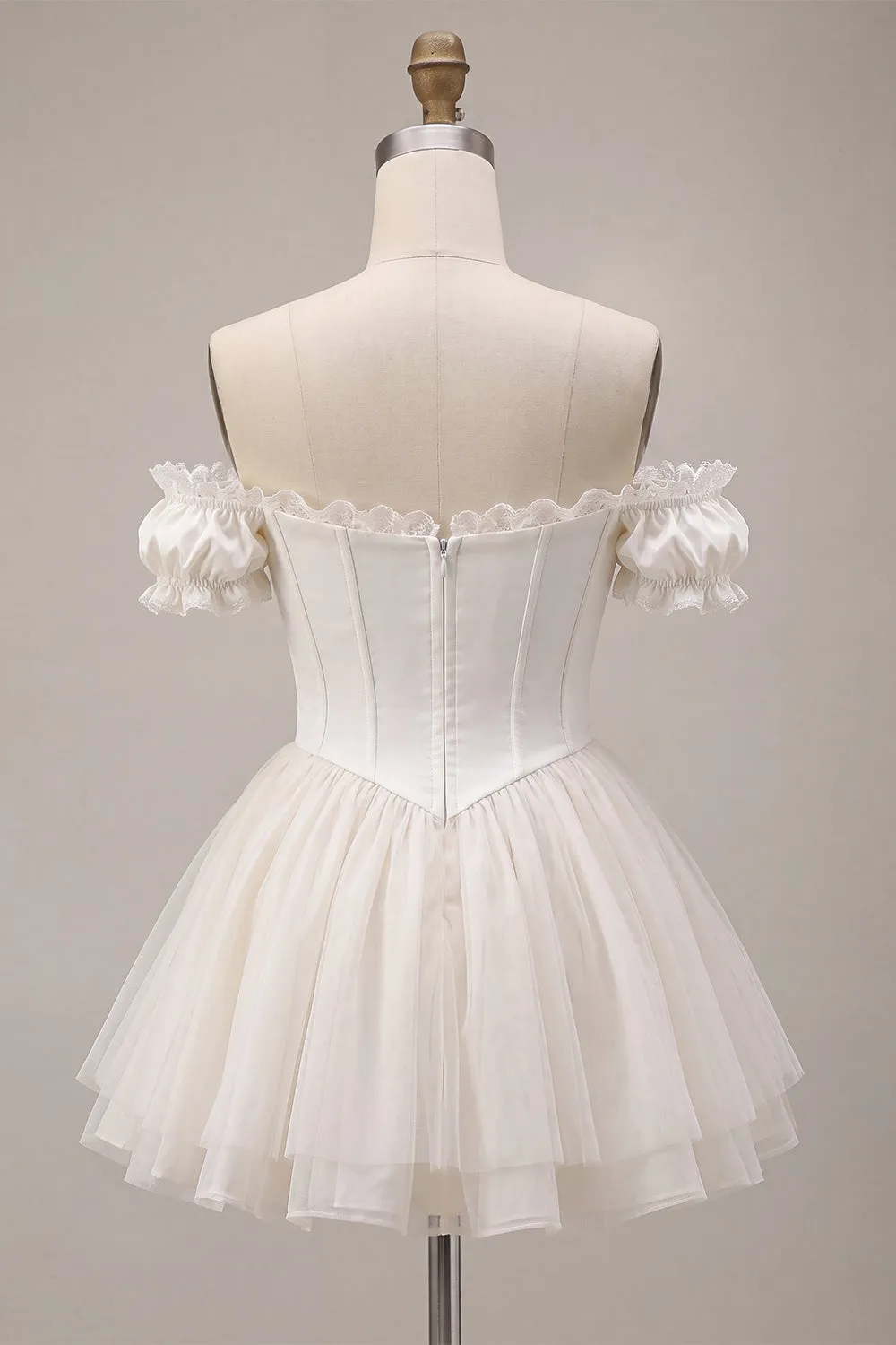Ivory Off the Shoulder A-Line Corset Satin Homecoming Dress with Ruffles sold by Zapaka product image thumbnail 2