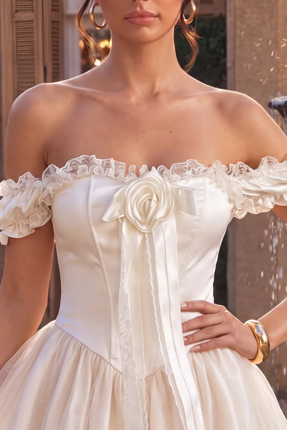 Ivory Off the Shoulder A-Line Corset Satin Homecoming Dress with Ruffles sold by Zapaka product image thumbnail 5