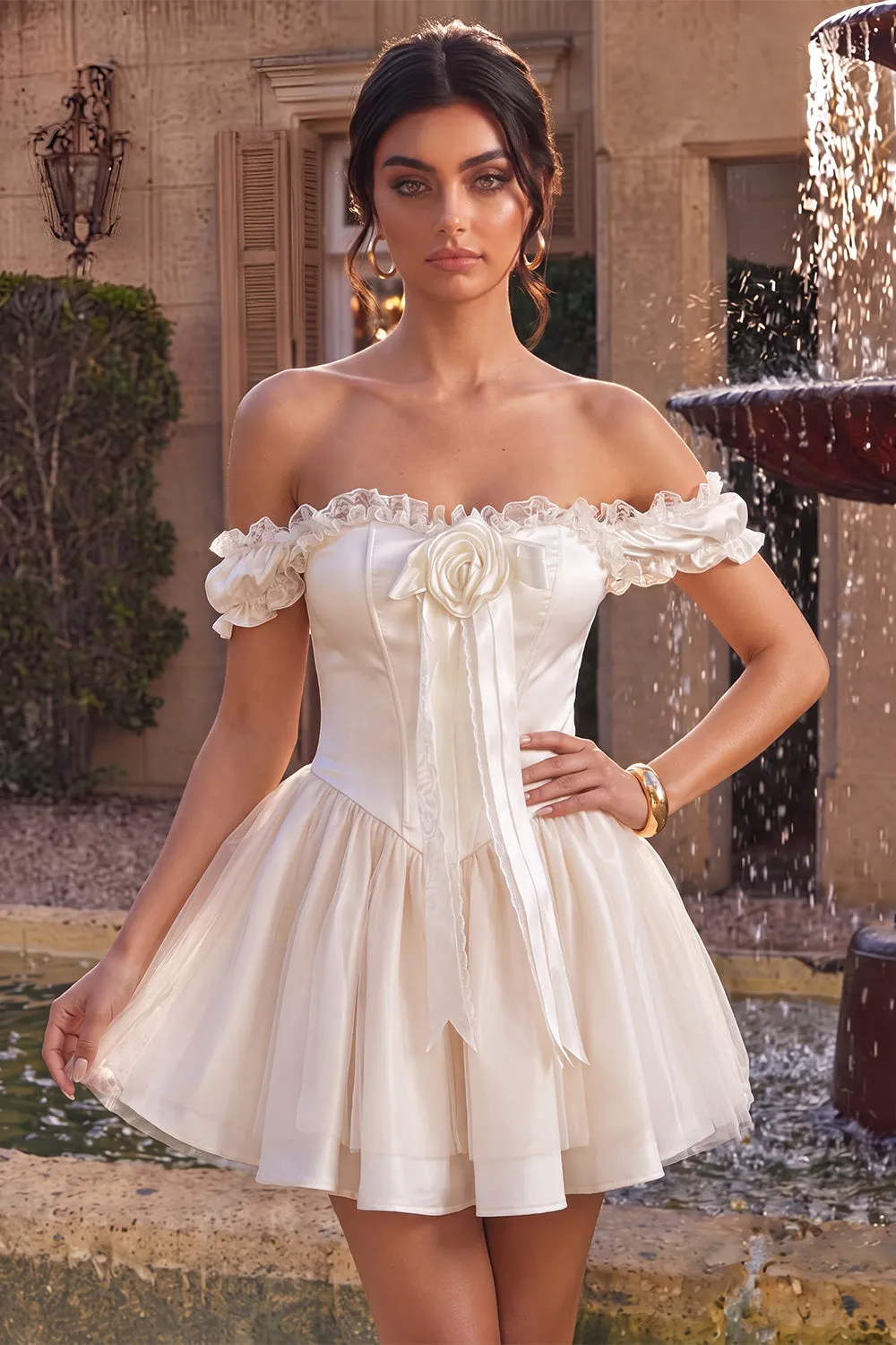 Ivory Off the Shoulder A-Line Corset Satin Homecoming Dress with Ruffles sold by Zapaka product image thumbnail 3