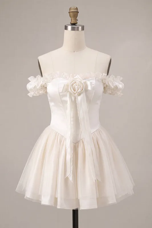 Ivory Off the Shoulder A-Line Corset Satin Homecoming Dress with Ruffles made by Zapaka