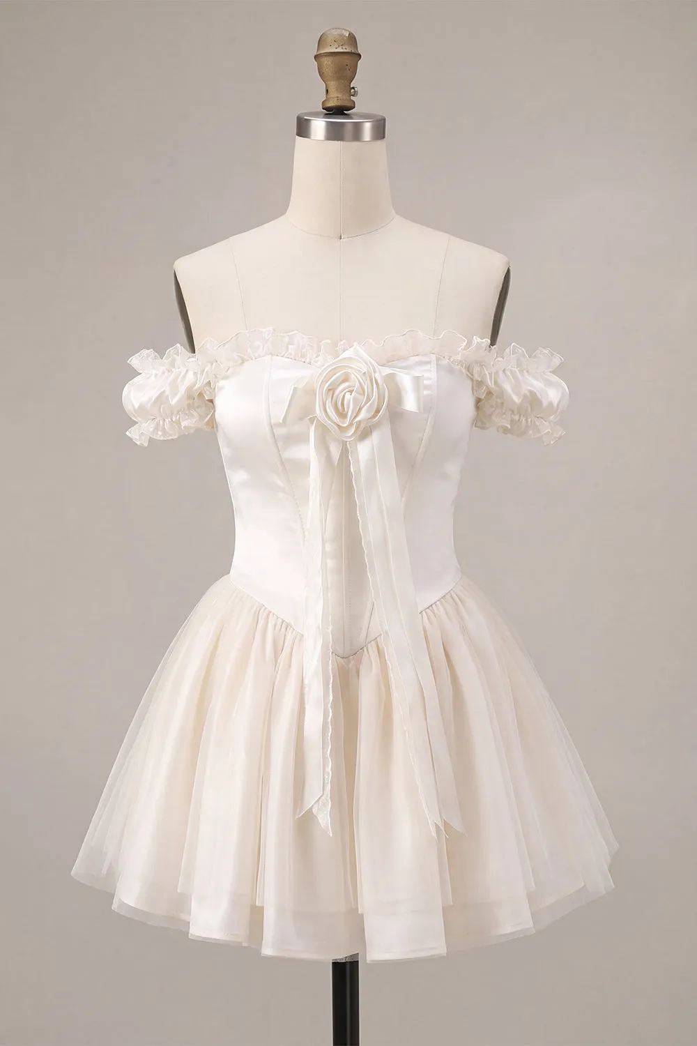 Ivory Off the Shoulder A-Line Corset Satin Homecoming Dress with Ruffles sold by Zapaka