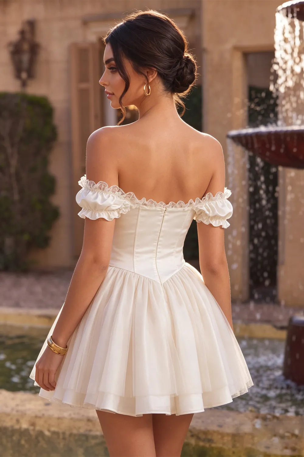 Ivory Off the Shoulder A-Line Corset Satin Homecoming Dress with Ruffles sold by Zapaka product image thumbnail 4