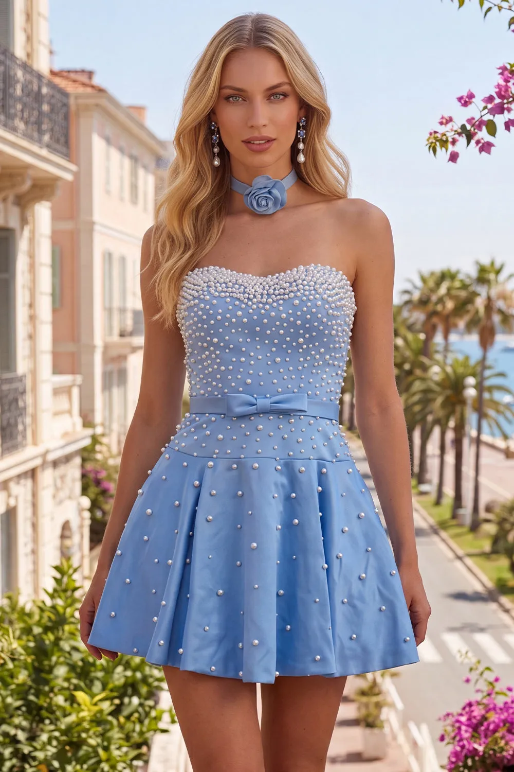 Blue Sweetheart Pearl Embellished Short Homecoming Dress with Choker and Bow sold by Zapaka product image thumbnail 3