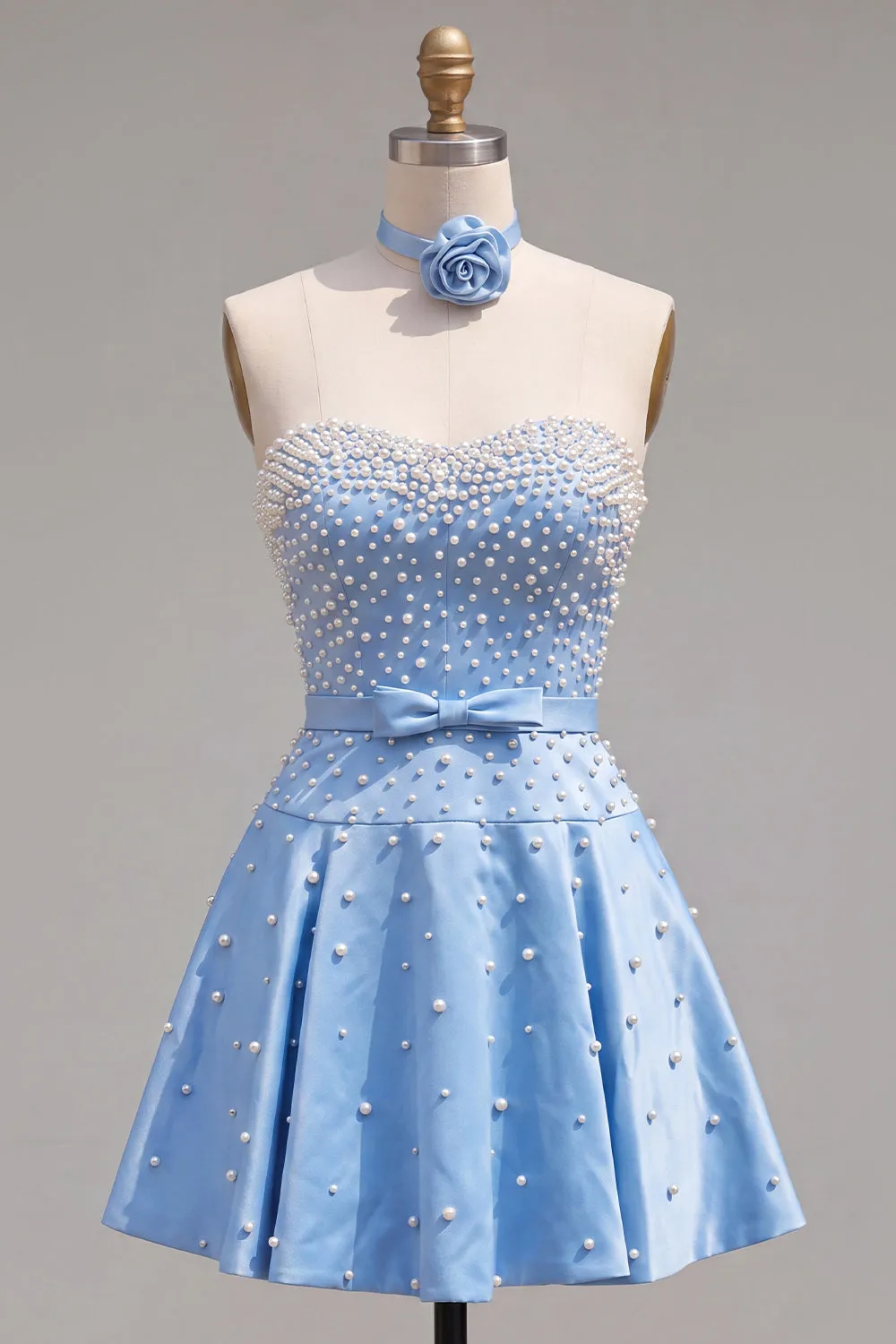 Blue Sweetheart Pearl Embellished Short Homecoming Dress with Choker and Bow sold by Zapaka